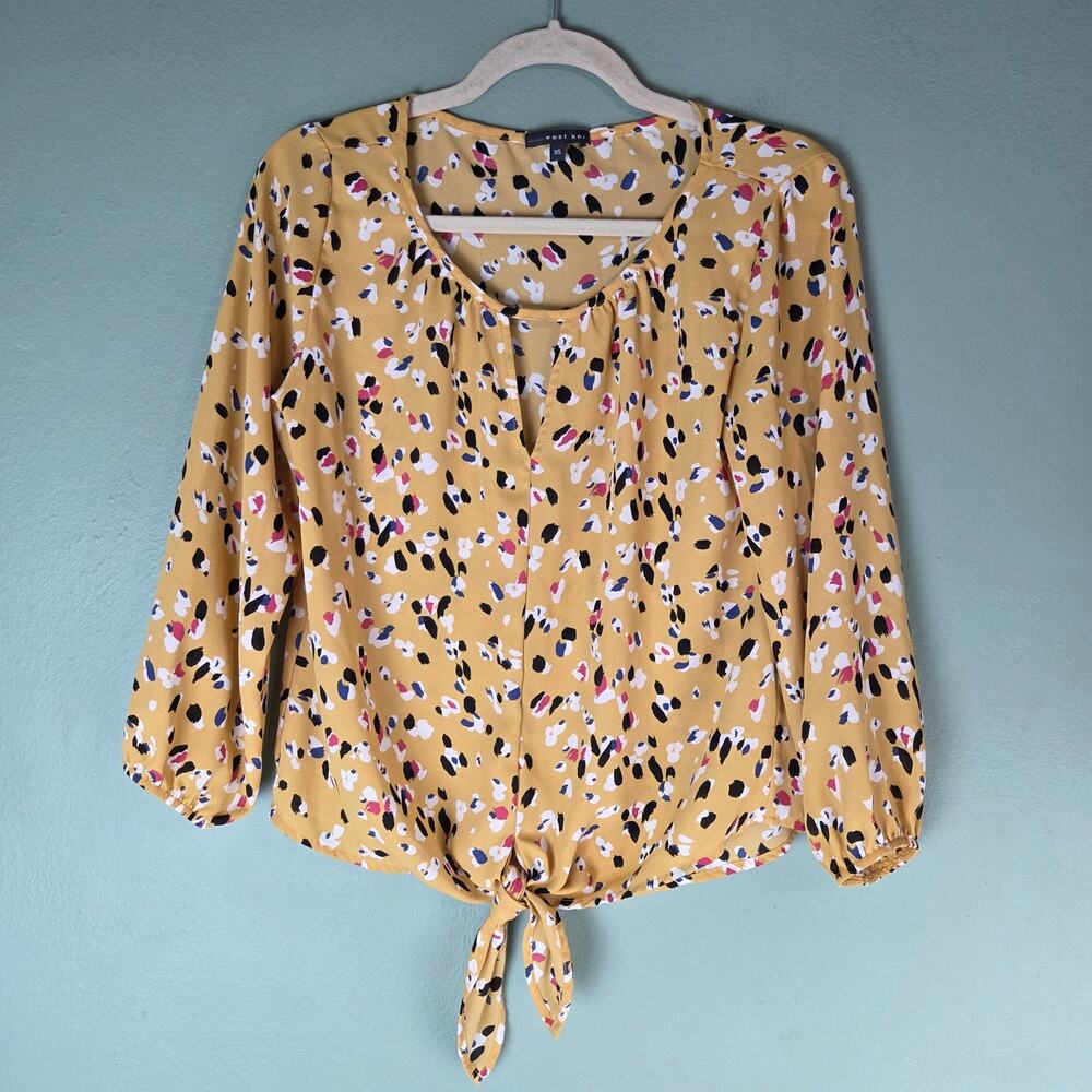 West Kei Womens Yellow Multicolor Print Cassia Keyhole Blouse with Tie Size XS